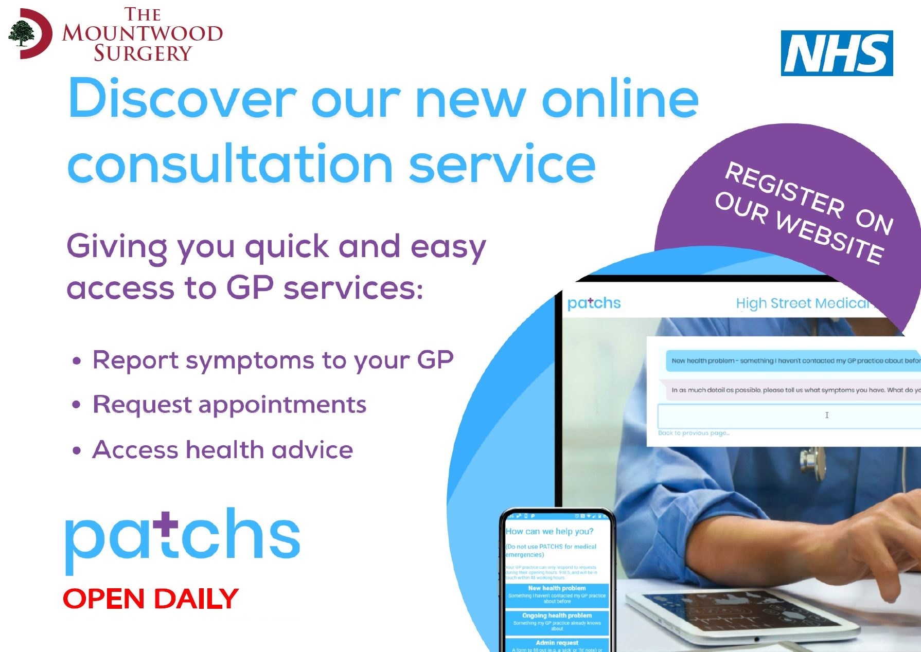 Information about PATCHS being available daily, allowing them to contact their GP, request appointments and access health advice, and asking patients to register today